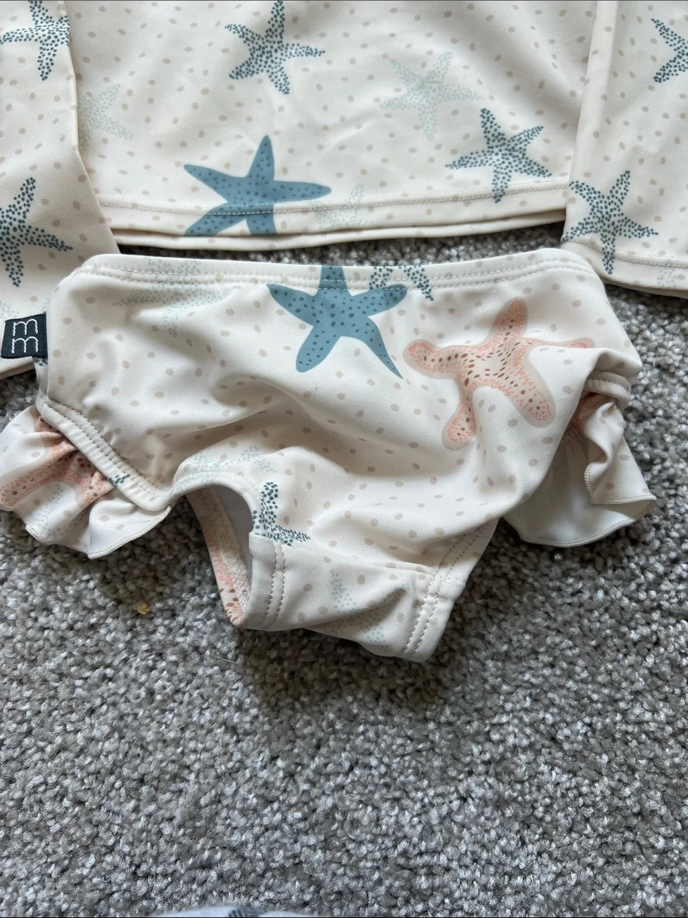 Cream Starfish Rashguard Set for Kids - Long Sleeve Swim Top & Ruffle Bottoms